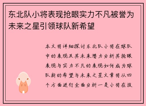 东北队小将表现抢眼实力不凡被誉为未来之星引领球队新希望