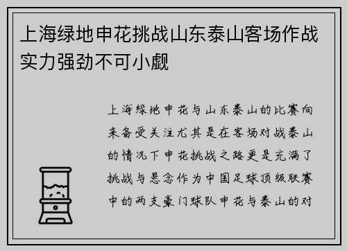 上海绿地申花挑战山东泰山客场作战实力强劲不可小觑