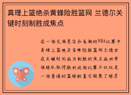 真理上篮绝杀黄蜂险胜篮网 兰德尔关键时刻制胜成焦点