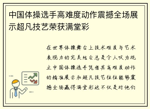 中国体操选手高难度动作震撼全场展示超凡技艺荣获满堂彩