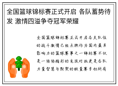 全国篮球锦标赛正式开启 各队蓄势待发 激情四溢争夺冠军荣耀
