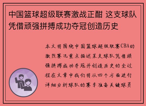 中国篮球超级联赛激战正酣 这支球队凭借顽强拼搏成功夺冠创造历史