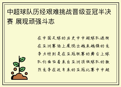 中超球队历经艰难挑战晋级亚冠半决赛 展现顽强斗志