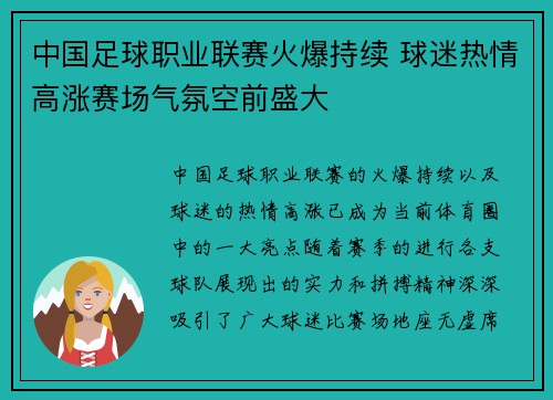 中国足球职业联赛火爆持续 球迷热情高涨赛场气氛空前盛大