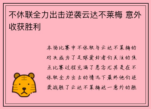 不休联全力出击逆袭云达不莱梅 意外收获胜利