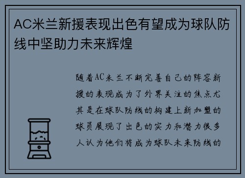 AC米兰新援表现出色有望成为球队防线中坚助力未来辉煌